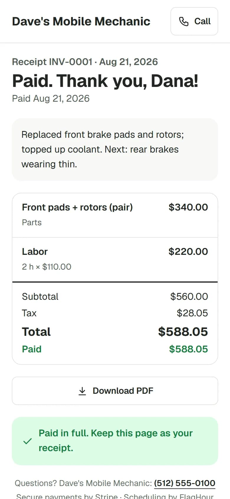 Customer receipt with itemized parts, labor, tax and a paid-in-full confirmation.
