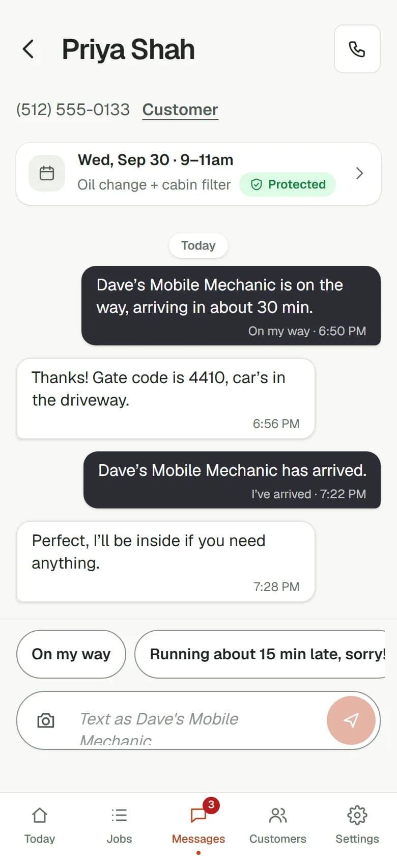 Text conversation with a customer showing On my way and I’ve arrived messages, with replies and quick reply buttons.