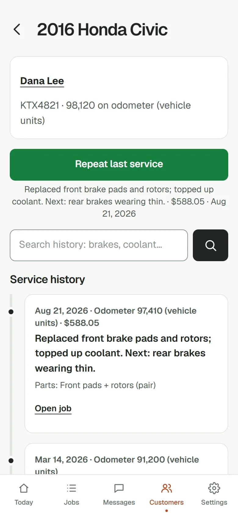 Vehicle page for a 2016 Honda Civic with a Repeat last service button, a history search box and a service timeline.