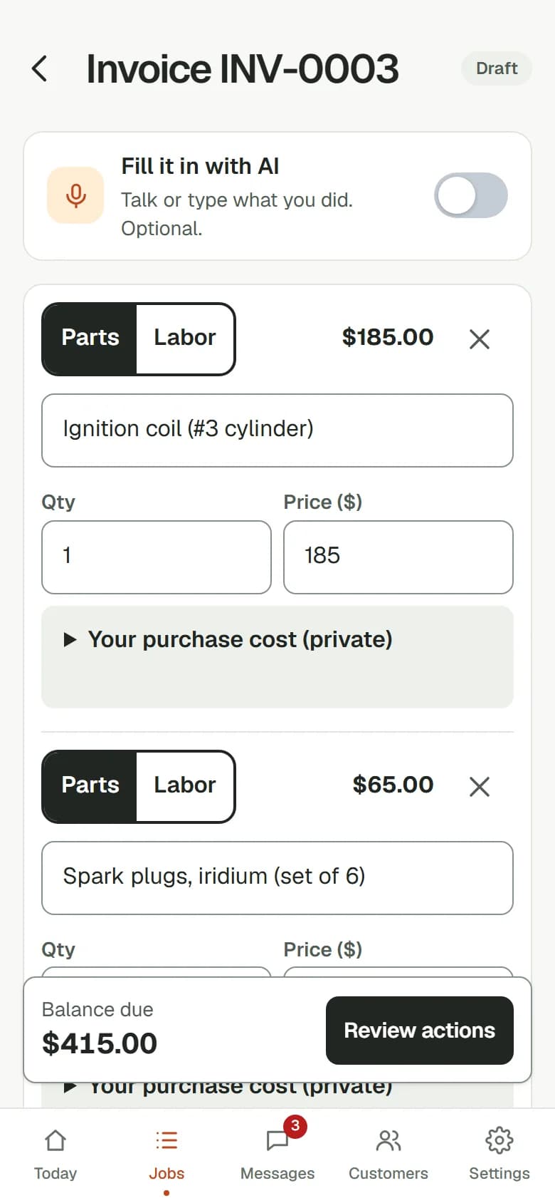 Invoice builder with a Fill it in with AI box at the top and parts lines for an ignition coil and spark plugs.